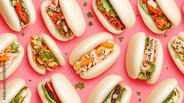 Fototapeta Layered bao buns with various fillings on pink background  