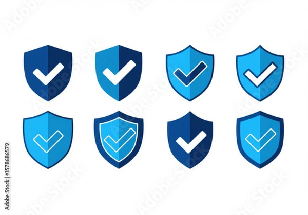 Fototapeta Collection of eight blue shields with white checkmarks indicating security and approval