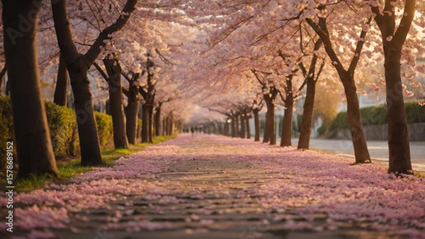 Obraz A pathway lined with cherry blossom trees in full bloom creating a tunnel of pink flowers