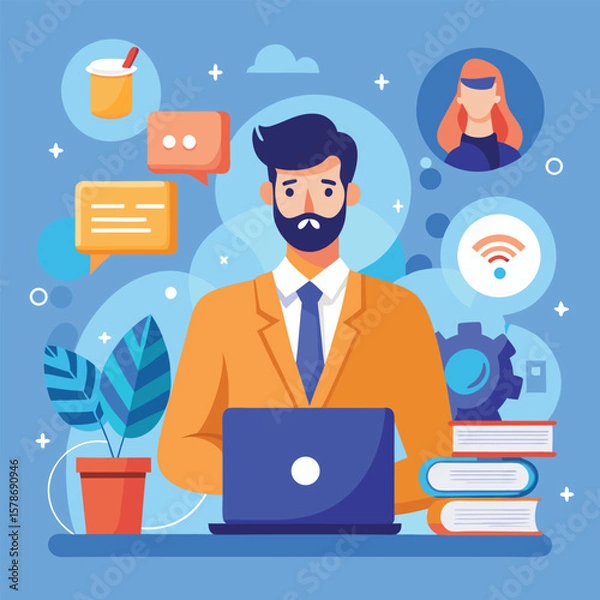 Fototapeta Man working on laptop with communication icons flat design