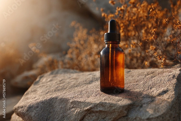 Obraz Amber glass dropper bottle placed on a rock with warm sunset light and dry vegetation, ideal for natural skincare, essential oils, or organic products