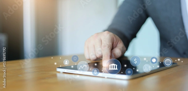 Fototapeta investor businessman hand touch on tablet and access to private banking account application to using system function about checking stock market or transfer money worldwide for future tech concept