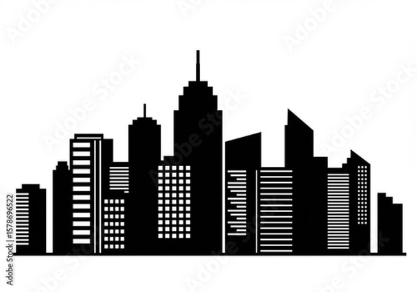 Fototapeta Black silhouette of a modern city skyline with diverse skyscrapers against a white background