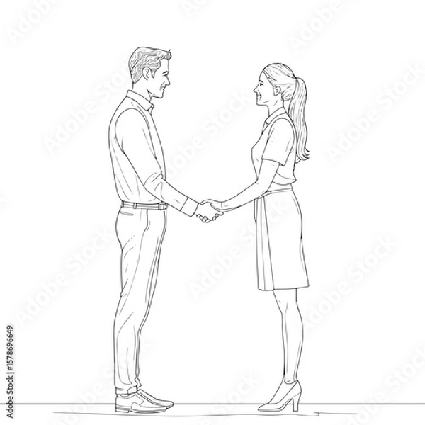 Obraz Continuous line drawing of young manager handshake his female worker to congratulate her dealing a project