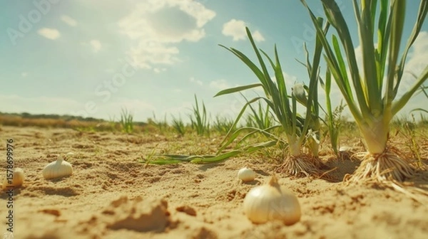 Fototapeta A field of young onion plants in sandy soil under a bright sky