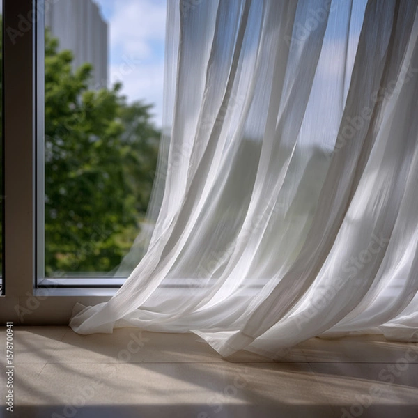 Obraz Sheer white curtain blowing gently in wind by window, green tree and blue sky background, natural light, airy indoor scene