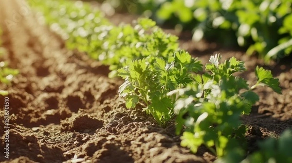 Fototapeta Young celery plants in rows