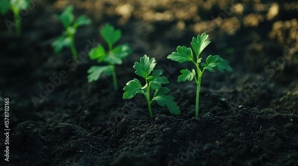 Fototapeta Young green sprouts in dark soil