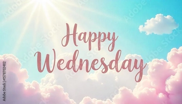 Fototapeta Happy Wednesday message on a pink cloudy sky suitable for social media posts, greeting cards, website banners, and email newsletters.