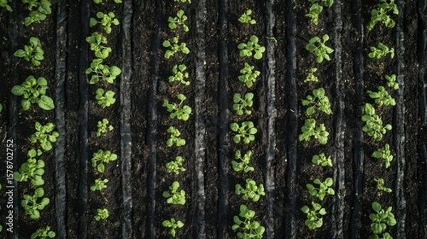 Fototapeta Aerial view of a meticulously planted vegetable garden