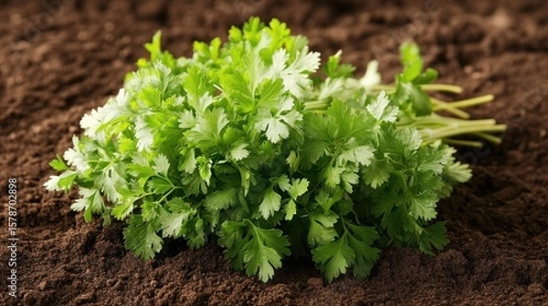 Fototapeta Fresh parsley bunch in rich soil