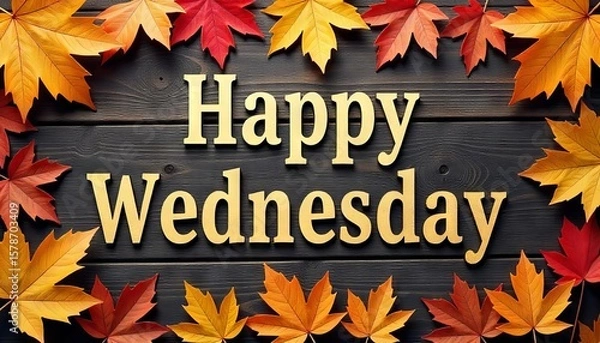 Fototapeta Autumn leaves beautifully frame Happy Wednesday on a dark wood background suitable for autumn inspired social media posts or festive designs.