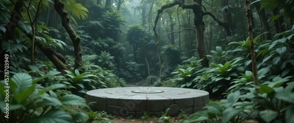 Fototapeta  A Round, Gray Stone Podium Set Within a Dense, Green Rainforest