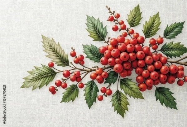 Fototapeta  Stylized Illustration of Red Berries Green Leaves on White Linen Vertical Christmas Art with Patterned Background