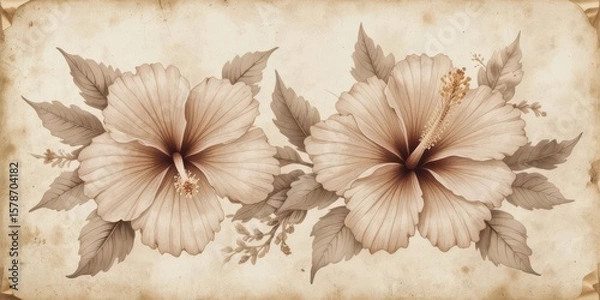Fototapeta  A Nostalgic Watercolor Painting of Hibiscus, Employing a Muted Color Scheme and a Distressed Paper Background