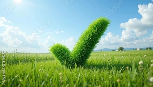 Fototapeta  3D Grass Green Check Mark in a Sunny Meadow Indicating Natural Approval and Organic Quality, Symbolizing Harmony and Growth