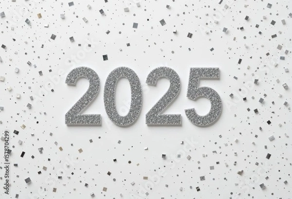 Fototapeta  Clean Modern Greet 2025 with a Simple Banner Featuring Silver Confetti and a Crisp White Background