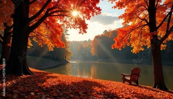 Fototapeta A peaceful autumn scene near a lake with golden leaves and a chair ideal for nature, relaxation, seasonal concepts.