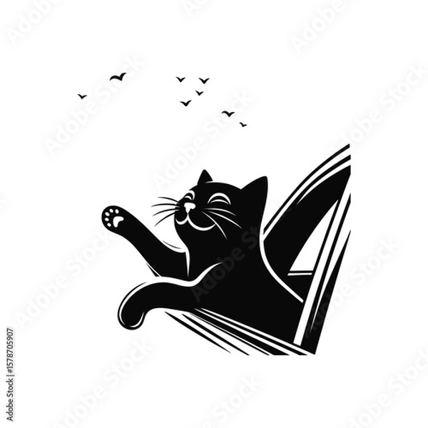 Obraz Happy cat looking out of a moving car window. A cute black feline enjoying a road trip and the breeze. Pet travel and adventure vector silhouette illustration