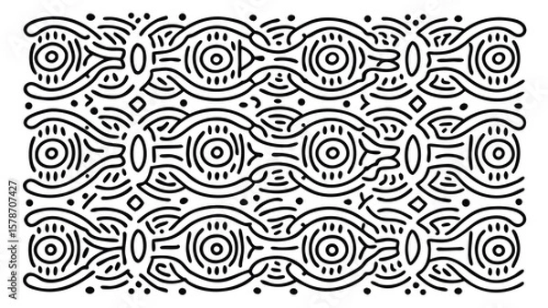 Fototapeta Black and white pattern featuring circles, lines, and geometric shapes in a repeating arrangement design