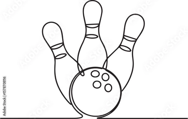 Fototapeta one line drawing of bowling ball with spiral pattern rolling toward five pins in continuous line style