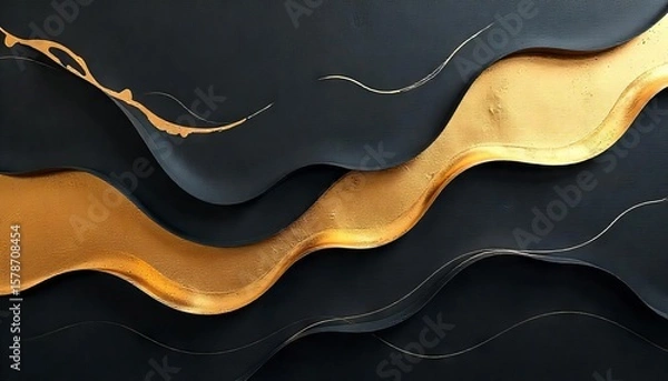 Fototapeta Abstract black and gold wavy artwork suitable for backgrounds, modern designs, digital art projects, luxury branding, and artistic presentations.