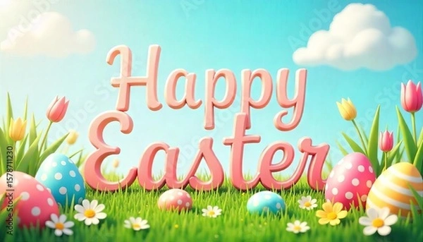 Fototapeta Pink easter lettering with painted eggs and tulips. Perfect for spring greetings, Easter celebrations, invitations, blog posts, and social media.