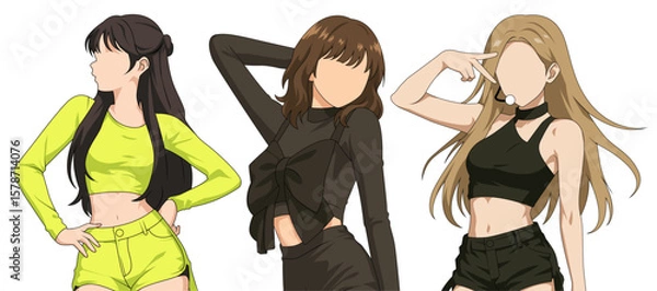 Obraz Set vector illustrations of kpop idols singing and dancing on stage. Bundle vector kpop music star. Modern idol group dancer with various different styles, poses and choreography. Korean pop cultures.