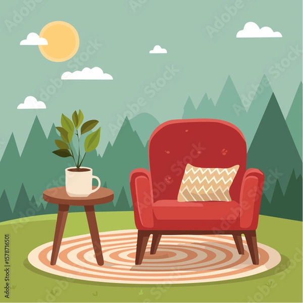 Fototapeta Cozy corner with a soft armchair and a steaming mug on a woven blanket