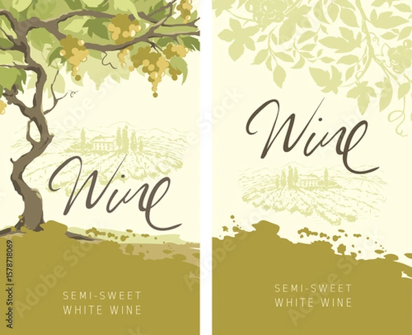 Fototapeta Label for white wine. Set of vector illustration, design with vine and landscape in the background. Freehand author's drawing.