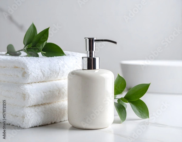 Fototapeta Aesthetic bathroom scene with a matte soap dispenser on a stone counter, styled with folded towels and greenery. Perfect for personal care branding, editorial, or packaging mockups.