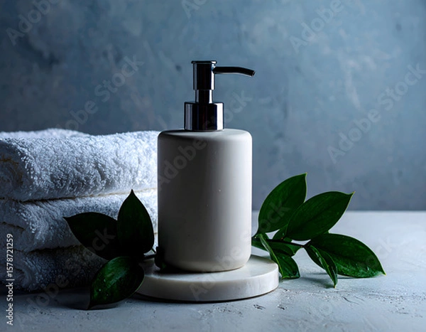 Fototapeta Aesthetic bathroom scene with a matte soap dispenser on a stone counter, styled with folded towels and greenery. Perfect for personal care branding, editorial, or packaging mockups.