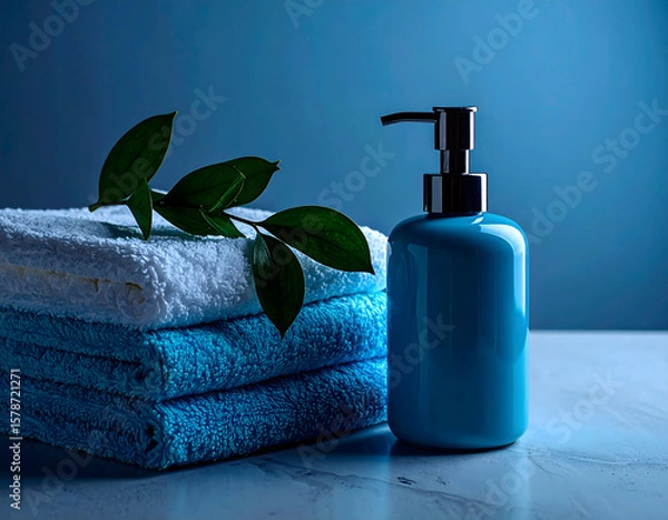Fototapeta Aesthetic bathroom scene with a matte soap dispenser on a stone counter, styled with folded towels and greenery. Perfect for personal care branding, editorial, or packaging mockups.