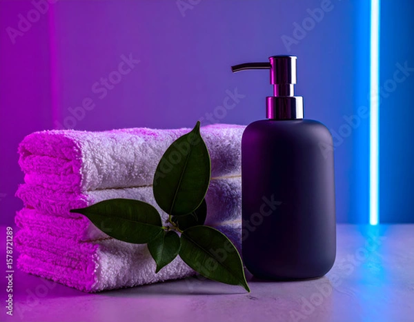 Fototapeta Aesthetic bathroom scene with a matte soap dispenser on a stone counter, styled with folded towels and greenery. Perfect for personal care branding, editorial, or packaging mockups.