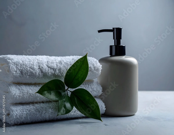Fototapeta Aesthetic bathroom scene with a matte soap dispenser on a stone counter, styled with folded towels and greenery. Perfect for personal care branding, editorial, or packaging mockups.