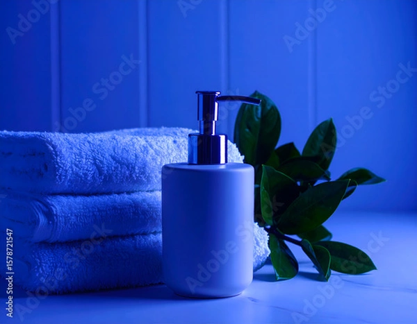Fototapeta Aesthetic bathroom scene with a matte soap dispenser on a stone counter, styled with folded towels and greenery. Perfect for personal care branding, editorial, or packaging mockups.