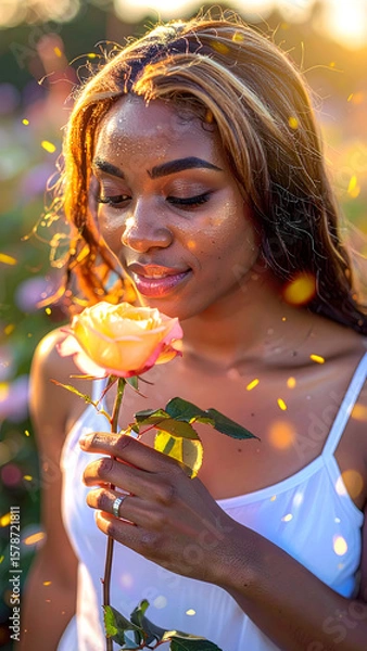 Fototapeta A beautiful woman holding a red rose with a calm and romantic expression. Ideal for use in beauty, fashion, skincare, or editorial content with a soft and emotional tone.