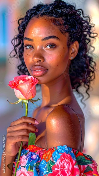 Fototapeta Beautiful woman holding a red rose with a calm and romantic expression. Ideal for use in beauty, fashion, skincare, or editorial content with a soft and emotional tone.