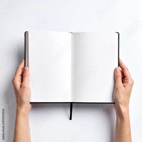 Fototapeta Person holding open blank notebook with black cover and ribbon bookmark white background, symbolizing mental health and reflection, calm