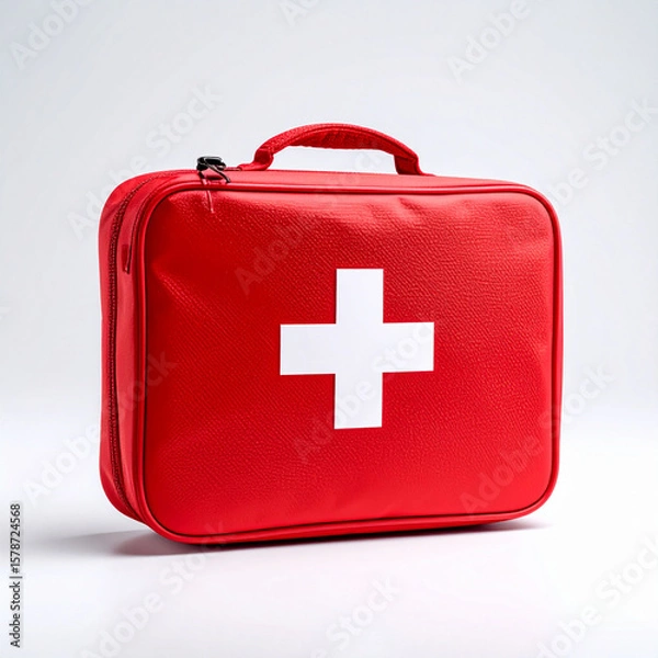 Fototapeta Red medical kit with white cross symbol front, designed for emergency health supplies, is shown against plain background. kit is portable