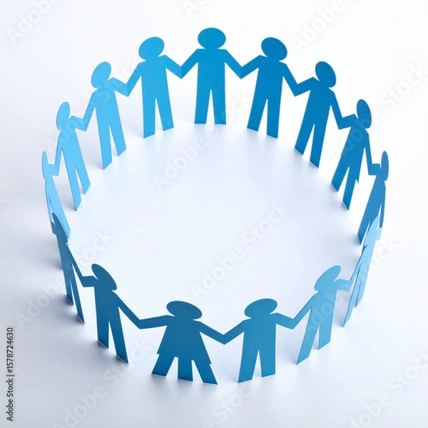Fototapeta Circle of paper cutout people holding hands symbolizes unity and community, promoting mental health and emotional well being supportive