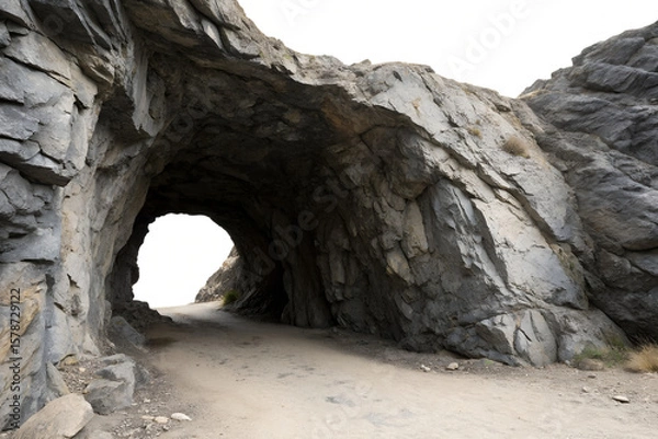 Fototapeta Explore the dark, ancient cavern where rock and water seamlessly blend with the natural mountain landscape