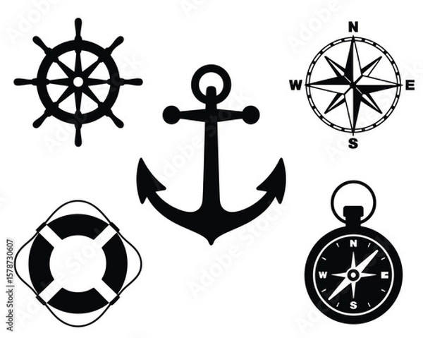 Obraz Flat navy blue nautical icon set featuring anchor, ship wheel, compass rose, life preserver, and pocket compass in symmetrical layout on white background, ideal for marine design