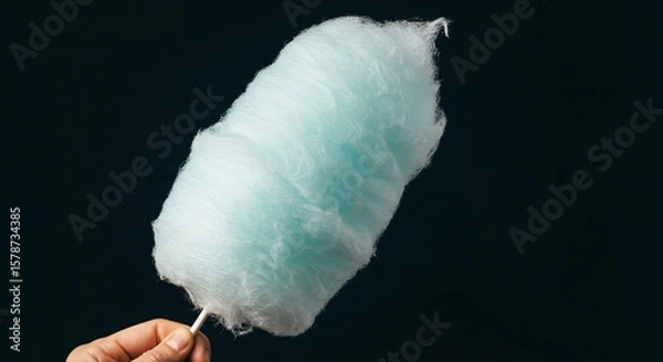 Fototapeta A hand holding a large blue cotton candy on a stick against a dark background in a studio shot