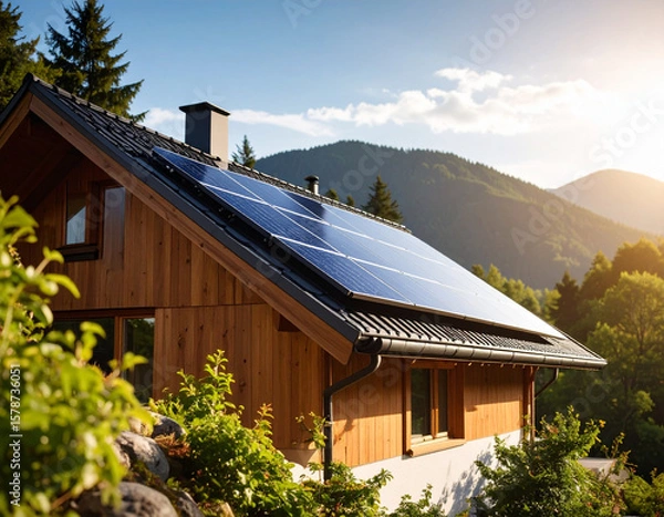 Fototapeta House with solar panels installed roof mountainous area during sunset, surrounded by greenery and trees, showcasing renewable energy and eco