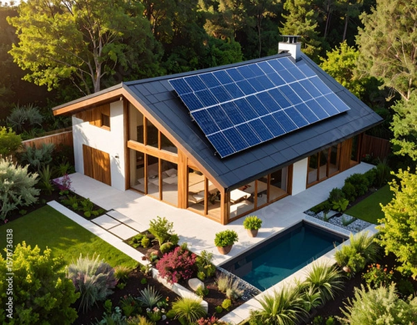 Fototapeta Passive solar house with solar panels on roof, surrounded by lush garden and pool, showcasing eco friendly design and natural light