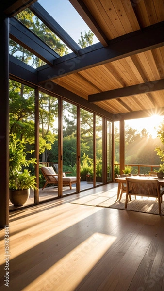 Fototapeta Passive solar house with large glass windows allowing sunlight to brighten interior and create warm, inviting atmosphere during sunset