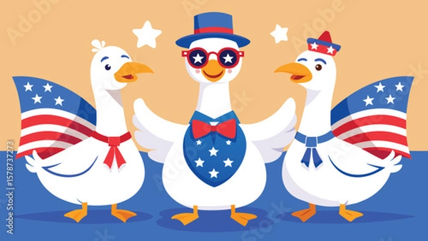 Fototapeta Three patriotic geese celebrating independence day with american flags and stars