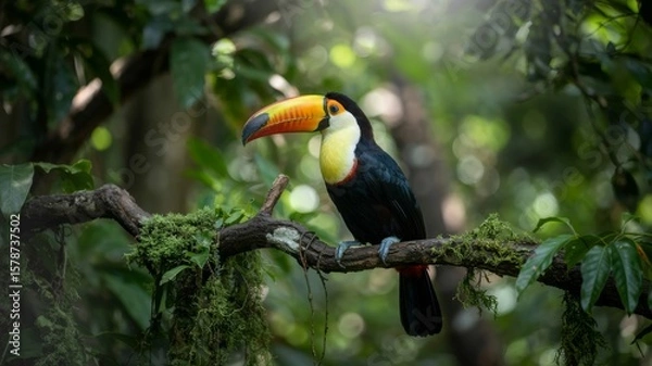 Fototapeta Vibrant toucan with large colorful beak perched on a mossy branch in a lush forest