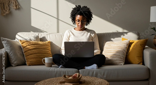 Obraz A Black woman works on a laptop in her living room, Relaxed scene of a woman using her computer on the couch